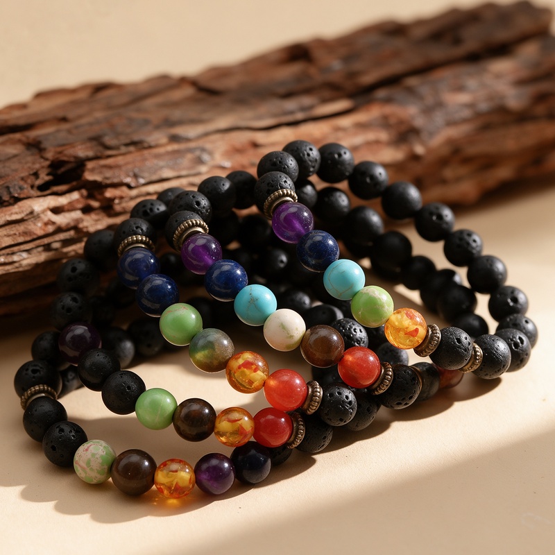 12pc Black Volcanic Stone Chakra Beaded Bracelet Set, Unisex